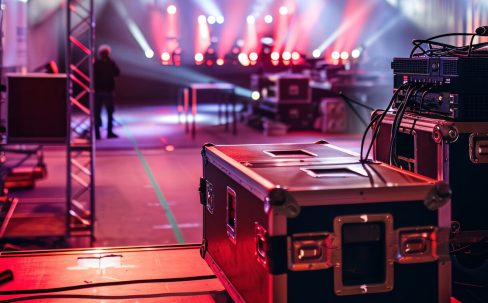 Live stage production setup with rigging equipment and lighting trusses in a central stage venue Live stage production setup with rigging equipment and lighting trusses in a central stage venue